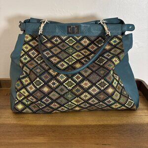 La Fabrique Italy Multicolor Diamond Pattern Tapestry Teal Blue Leather Shoulder